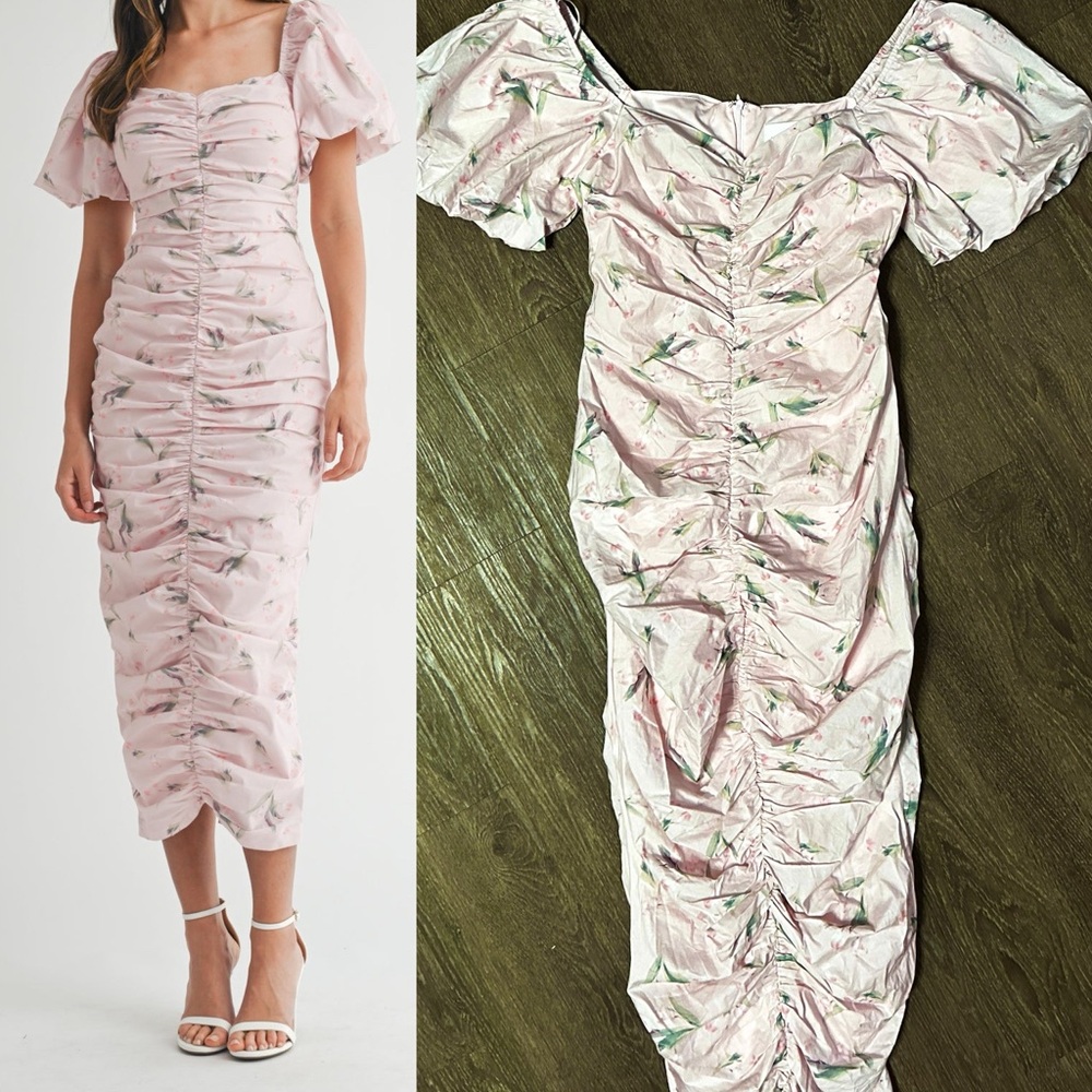 Mable Blush Pink flirty feminine floral rusched dress size Large L new - Picture 11 of 14